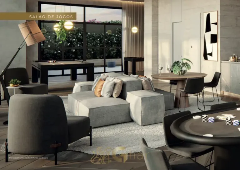 Salão de jogos equipado para entretenimento em apartamentos na Nova Klabin, São Paulo