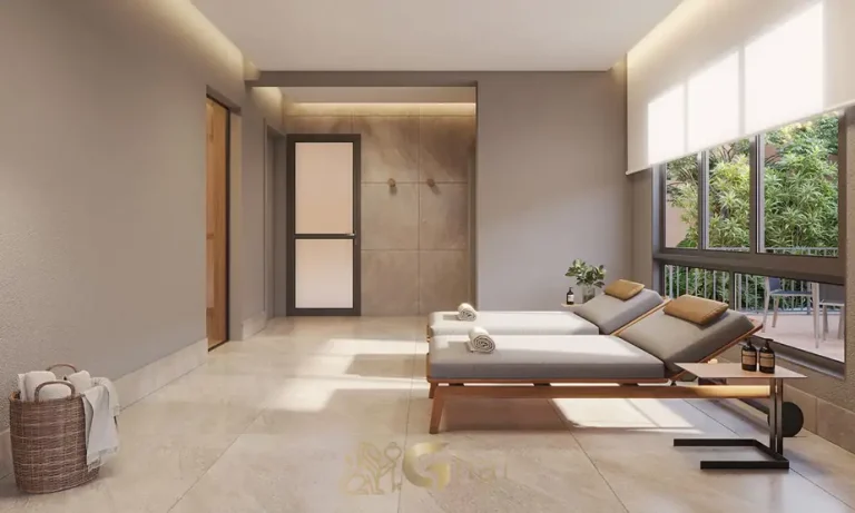Área de sauna e spa para relaxamento do condomínio 268 VM no bairro da Vila Mariana em São Paulo