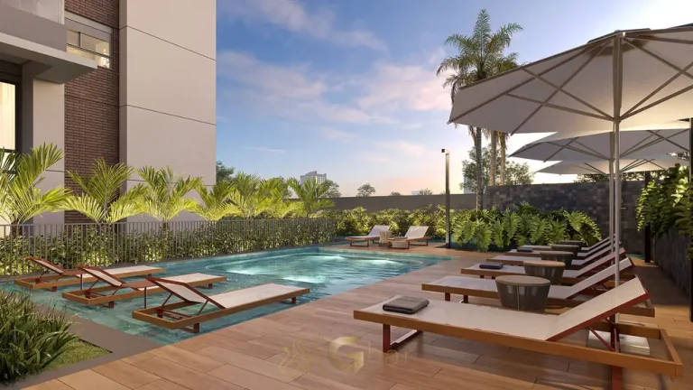 Solarium junto às áreas de piscina em apartamentos no Campo Belo, São Paulo