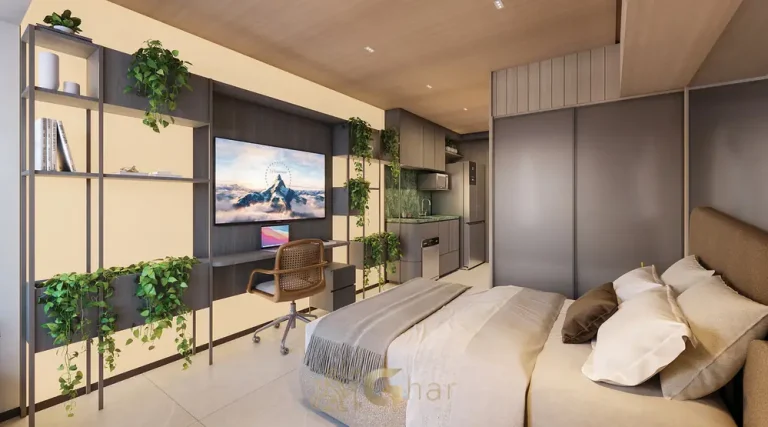 Studio decorado com ambiente integrado do condomínio Town Residences by Lindenberg no bairro do Brooklin em São Paulo