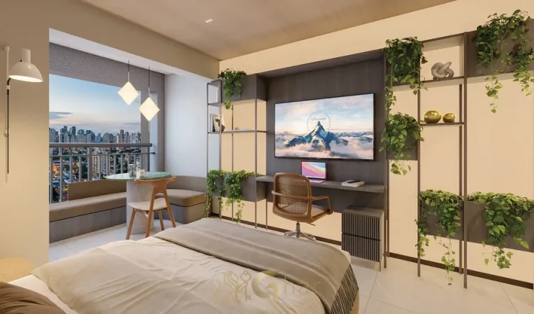 Studio decorado com disposição compacta em apartamentos no Brooklin São Paulo