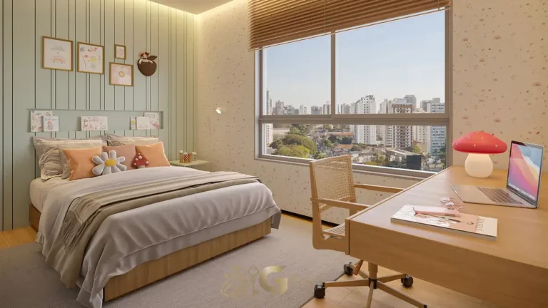 Suíte da filha no apartamento decorado em condomínio residencial no Campo Belo, na Zona Sul de São Paulo